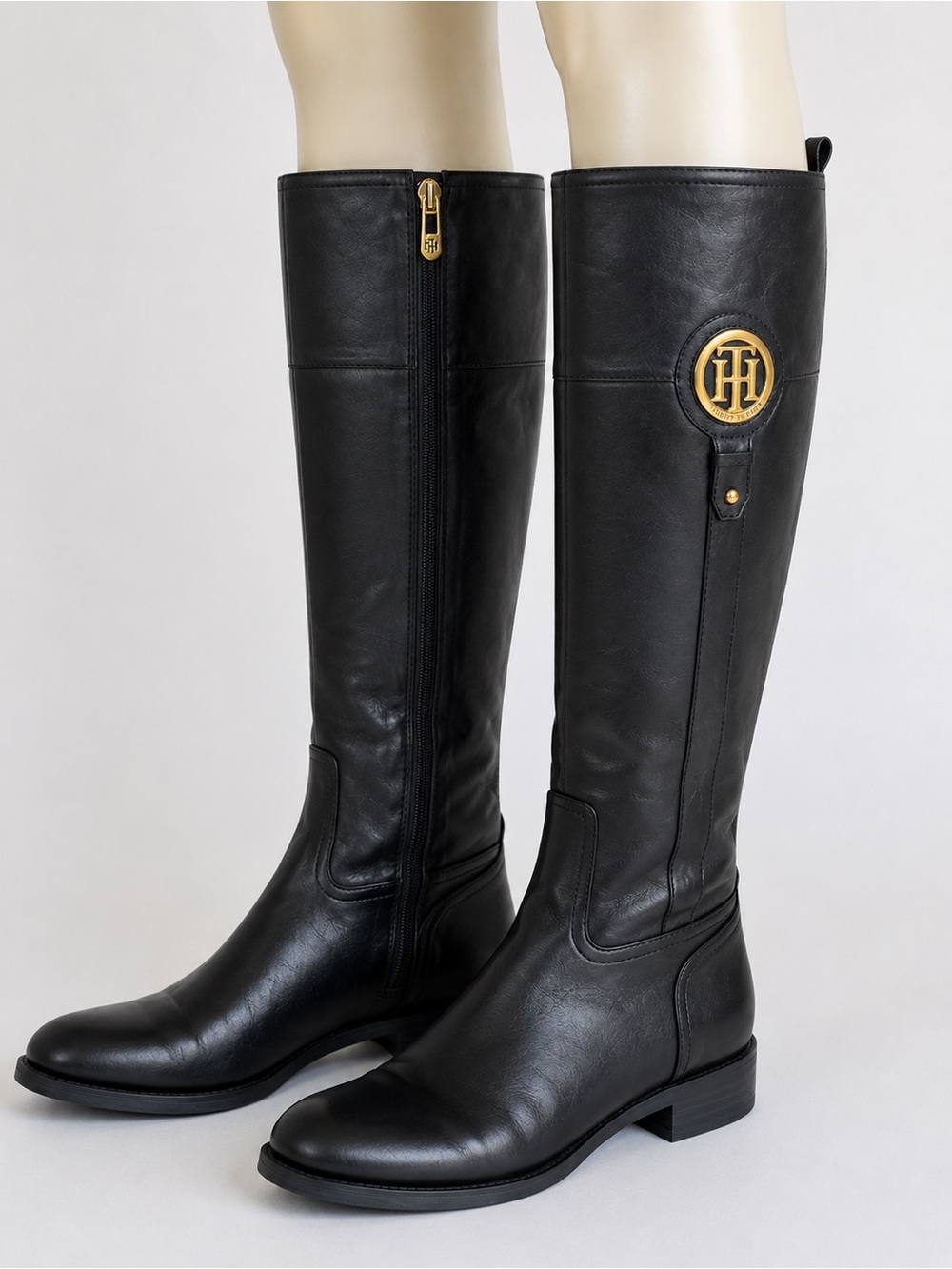 Tommy Hilfiger Black Leather Knee High Riding Boots Gold Logo Zip Women’s